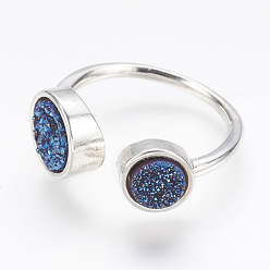 Blue Natural Druzy Agate Cuff Rings, Open Rings, with 925 Sterling Silver Plated Brass Findings, Dyed, Size 8, Blue, 18mm
