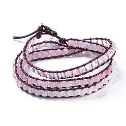 Quartz Rose Bracelets de mode à trois boucles, avec naturel a augmenté perles de quartz, cordon de cuir de vachette , 304 boutons de couture en acier inoxydable et sac de jute, 20.5 pouce (52 cm), 6mm