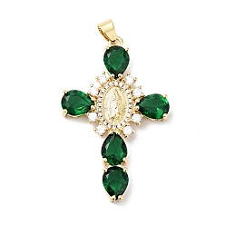 Green Rack Plating Brass Micro Pave Cubic Zirconia Pendants, Cadmium Free & Lead Free, Real 18K Gold Plated, Cross with Saint, Green, 45.5x29x6mm, Hole: 4x6mm