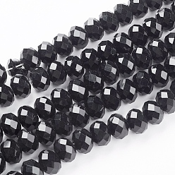 Black Handmade Glass Beads, Faceted Rondelle, Black, 14x10mm, Hole: 1mm, about 60pcs/strand