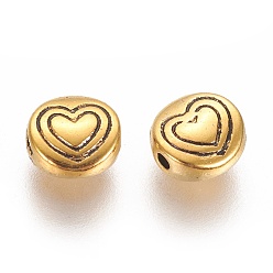 Antique Golden Tibetan Style Alloy Beads, Flat Round with Heart, Antique Golden, Lead Free & Cadmium Free, 6x6x3mm, Hole: 1.5mm