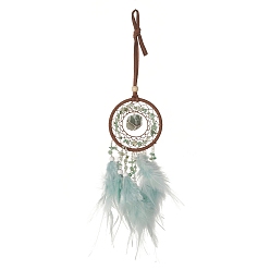 Green Aventurine Iron Natural Green Aventurine Woven Web/Net with Feather Pendant Decorations, with Wood Beads, Covered with Cotton Lace and Villus Cord, Flat Round, 490~550x81~82x5~20mm