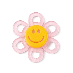 Rose Nacré Cabochons acryliques, avec de la poudre de paillettes, fleur avec le visage souriant, perle rose, 37x4.5mm