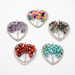 Mixed Stone Tree of Life Natural & Synthetic Mixed Stone Bead Brass Wire Wrapped Heart Big Pendants, Cadmium Free & Nickel Free & Lead Free, Platinum, 45~50x48~52x6~9mm, Hole: 4~6mm