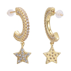Real 18K Gold Plated Brass Micro Pave Clear Cubic Zirconia Stud Earrings, Half Hoop Earrings, with Plastic Ear Nut, Long-Lasting Plated, Star, Real 18K Gold Plated, 28.5mm, Pin: 0.8mm