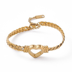 Golden 304 Stainless Steel Hollow Out Heart Link Bracelet with Cuban Link Chains for Women, Golden, 6-1/2 inch(16.5cm)