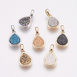 Mixed Color Natural Druzy Agate Pendants, with Brass Finding, teardrop, Mixed Color, 14.5x10x3~4mm, Hole: 2x2.5mm