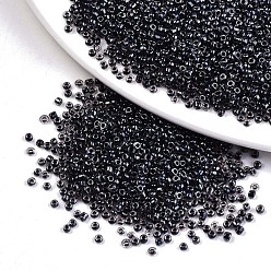 Black 12/0 Glass Seed Beads, Transparent Inside Colours Luster, Round Hole, Round, Black, 12/0, 2~2.5x1.5~2mm, Hole: 0.8mm, about 30000pcs/bag