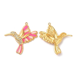 Deep Pink 304 Stainless Steel Enamel Pendants, with Rhinestones, Real 18K Gold Plated, Brid Charm, Deep Pink, 29x26.5x3mm, Hole: 1.4mm