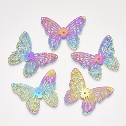 Rainbow Color Ion Plating(IP) 201 Stainless Steel Filigree Pendants, Etched Metal Embellishments, Butterfly, Rainbow Color, 32x39.5x0.2mm, Hole: 1.2mm