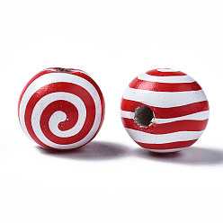 Red Painted Natural Wood European Beads, Large Hole Beads, Printed, Round with Stripe, Red, 16x15mm, Hole: 4mm