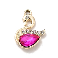 Medium Violet Red UV Plating Alloy Pendants, with Crystal Rhinestone and Glass, Golden, Swan Charms, Medium Violet Red, 21.5x15x4.5mm, Hole: 2mm