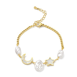 Doré  Bracelet à maillons lune et étoile en coquillage naturel, placage ionique (ip) 304 bijoux en acier inoxydable pour femmes, or, 6-5/8 pouce (16.8 cm)
