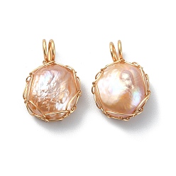 PeachPuff Natural Cultured Freshwater Keshi Pearl Beads Pendants, Flat Round Button Charms, with Long-Lasting Plated Golden Tone Copper Wire Wrapped, PeachPuff, 18.5x13x6~7mm, Hole: 3~3.5mm