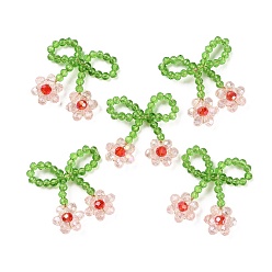 Pink Pendentifs en perles de verre, avec du fil de cuivre, nœud papillon avec breloques fleurs, rose, 25~27x25~28x5~5.5mm, Trou: 5.5x7.5mm