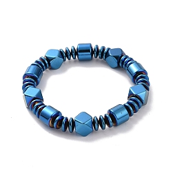 Blue Plated Disc & Rhombus & Column Synthetic Hematite Beaded Stretch Bracelet for Men Women, Blue Plated, Inner Diameter: 2-3/8 inch(6.1cm)