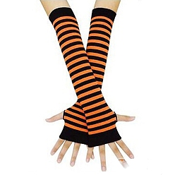 Dark Orange Acrylic Fiber Yarn Knitting Fingerless Gloves, Stripe Pattern Winter Warm Gloves with Thumb Hole, Dark Orange, 310x80mm