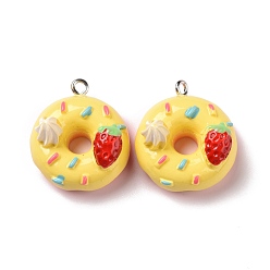 Yellow Opaque Resin Pendants, with Platinum Tone Iron Loops, Donut, Yellow, 25x22x13.5mm, Hole: 2mm