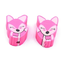 Deep Pink Handmade Polymer Clay Beads, Fox, Deep Pink, 10x9x5mm, Hole: 1.5mm