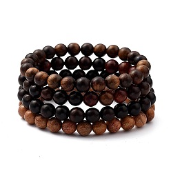 Mixed Color Unisex Natural Wood Beaded Stretch Bracelets Sets, Round, Mixed Color, Inner Diameter: 2-1/8 inch(5.5cm), Bead: 8.5mm, 4pcs/set
