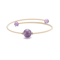 Améthyste Bracelet en perles rondes d'améthyste naturelle, bracelet de couple de fil de mémoire en acier pour les femmes, or, diamètre intérieur: 2-1/4 pouce (5.7 cm)