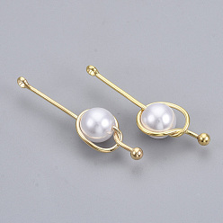 White ABS Plastic Imitation Pearl Pendants, with Real 18K Gold Plated Brass Findings, Nickel Free, White, 36x10x8mm, Hole: 1.5mm