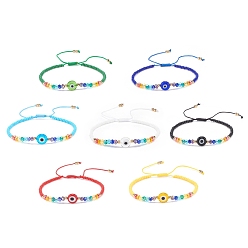 Mixed Color 7Pcs 7 Colors Lampwork Evil Eye & Glass Beaded Bracelets Set, Braided Adjustable Bracelets for Women, Mixed Color, Inner Diameter: 2-1/2~3-7/8 inch(6.2~9.7cm), 1Pc/color