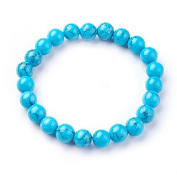 Turquoise Synthétique Perles synthétiques turquoise étirer bracelets, ronde, 2 pouces ~ 2-1/8 pouces (5.2~5.5 cm), perles: 8~9 mm