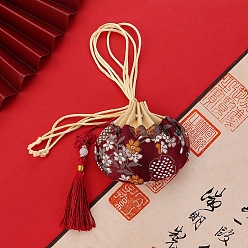 Dark Red Flower Silks & Satins Drawstring Bags, Sachet Tassel Pouches for Jewelry Storage, Dark Red, 100x85mm