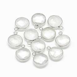 Clear Natural Quartz Crystal Pendants, Rock Crystal Pendants, with Brass Findings, Faceted, Flat Round, Platinum, Clear, 19~21x15~16x6~7mm, Hole: 2mm
