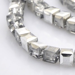Silver Plated Half Plated Clear Glass Faceted Cube Beads Strands, Silver Plated, 6x6x6mm, Hole: 1mm, about 100pcs/strand, 22.4 inch