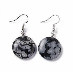 Snowflake Obsidian Natural Snowflake Obsidian Flat Round Dangle Earrings, Platinum Brass Jewelry for Women, 42mm, Pin: 0.7mm