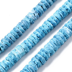Deep Sky Blue Natural Sea Shell Beads Strands, Dyed, Flat Round/Disc, Heishi Beads, Deep Sky Blue, 5~7x1.5~2.5mm, Hole: 0.9mm, about 329~348pcs/strand, 22.32 inch~22.83 inch(56.7~58cm)