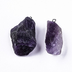 Amethyst Natural Amethyst Pendants, Rough Raw Stone, with 304 Stainless Steel Loops, Nuggets, Stainless Steel Color, 26~45x23~36x7~14mm, Hole: 2mm