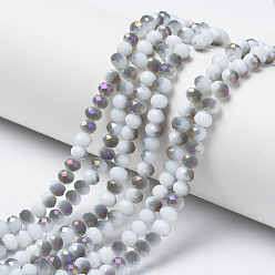 Floral White Electroplate Opaque Glass Beads Strands, Half Purple Plated, Faceted, Rondelle, Floral White, 8x6mm, Hole: 1mm, about 72pcs/strand, 16.14 inch(41cm)