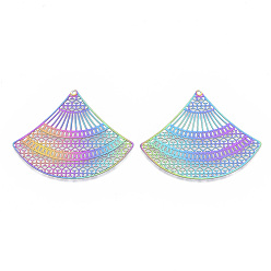 Rainbow Color Ion Plating(IP) 201 Stainless Steel Filigree Pendants, Etched Metal Embellishments, Fan, Rainbow Color, 44x55x0.3mm, Hole: 1.4mm