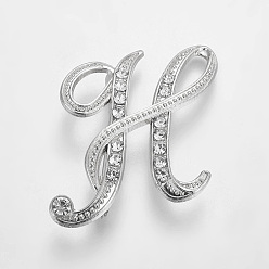 Platinum Alloy Brooches, with Rhinestone, Letter, Letter.H, Platinum, 47x38x3.5~4mm, Pin: 1mm