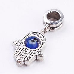 Antique Silver Tibetan Style Alloy European Dangle Charms, with Evil Eye Lampwork Round Beads, Hamsa Hand/Hand of Fatima/Hand of Miriam, Antique Silver, 27mm, Hole: 4.5mm