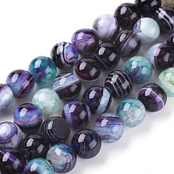 Prussian Blue Natural Striped Agate/Banded Agate Beads Strands, Dyed & Heated, Round, Prussian Blue, 10mm, Hole: 1.2mm, about 37pcs/strand, 14.65 inch(37.2cm)