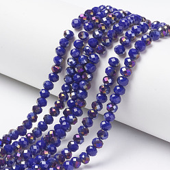 Dark Blue Electroplate Opaque Glass Beads Strands, Half Purple Plated, Faceted, Rondelle, Dark Blue, 8x6mm, Hole: 1mm, about 72pcs/strand, 16.14 inch(41cm)