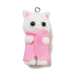 Белый Дым Флокированные подвески из непрозрачной смолы, брелоки кот в розовой одежде с железными петлями платинового цвета, серый, 35x16.5x16 мм, отверстие : 2 мм