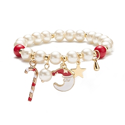 Red Natural Mashan Jade & Glass Pearl Beaded Stretch Bracelet, Christmas Candy Cane & Santa Claus & Star Charm Bracelet for Women, Red, Inner Diameter: 2 inch(5.2cm)