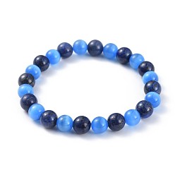 Lapis Lazuli Natural Lapis Lazuli(Dyed) Stretch Bracelets, with Cat Eye Round Beads, 2-3/8 inch(6cm)