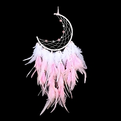 Pink Железная тканая паутина/сетка с подвесками из перьев, с пластиковой бисера, обтянутый кожаным шнуром, луна, розовые, 560 мм