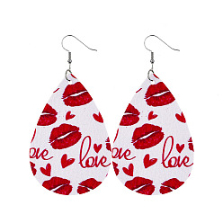 Lip Red Imitation Leather Teardrop Dangle Earrings for Valentine's Day, Lip Pattern, 80x40mm