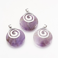 Amethyst Natural Amethyst Pendants, with Platinum Tone Brass Findings, Flat Round, 32x28x6mm, Hole: 4x5mm