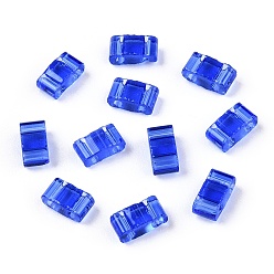 Azul 2 agujero granos de la semilla de cristal, colores transparentes, Rectángulo, azul, 4.5~5.5x2x2~2.5 mm, agujero: 0.5~0.8 mm