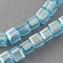Light Sky Blue Electroplate Glass Beads Strands, AB Color Plated, Faceted, Cube, Light Sky Blue, 4x4x4mm, Hole: 1mm, about 100pcs/strand, 17 inch