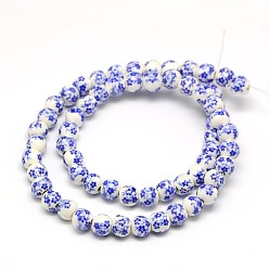 Royal Blue Handmade Flower Printed Porcelain Ceramic Beads Strands, Round, Royal Blue, 6mm, Hole: 2mm, about 60pcs/strand, 13 inch