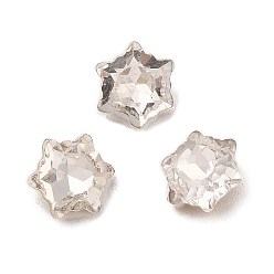 Clear Glass Rhinestone Cabochons, Pointed Back & Back Plated, Faceted Snowflake, Clear, 8x7x3mm